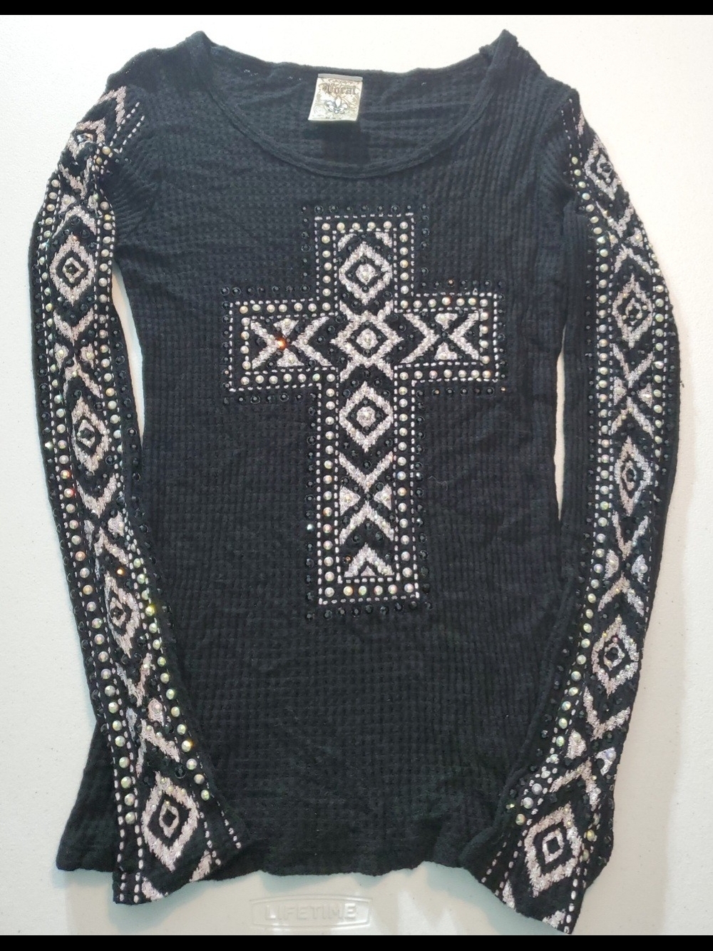 Vocal Womens Med Rhinestone Studded Black Long-Sleeve Fairygoth Top